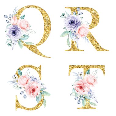 floral alphabet, letters Q, R, S, T with watercolor flowers, creative art design, monogram initials