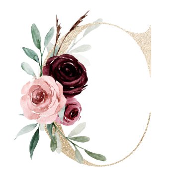 Şirin suluboya resim, çiçekli ve yapraklı C harfi, beyaz arkaplanda çiçek alfabesi.