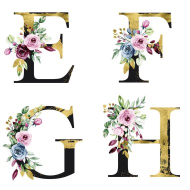 floral alphabet, letters E, F, G, H with watercolor flowers, creative art design, monogram initials