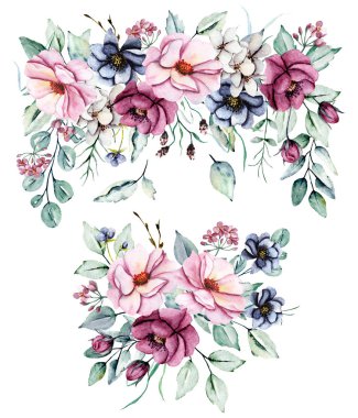 Floral collection with watercolor flowers, set of colorful bouquets