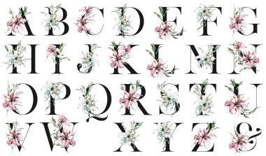 alphabet with floral elements, art watercolor painting letters with flowers and leaves