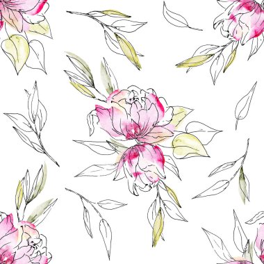 Suluboya çiçekleri ve yapraklarla kusursuz desen, resim tasarımı