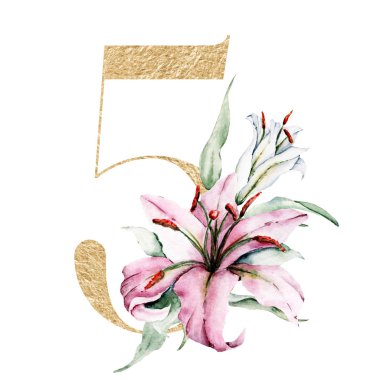 Çiçekler ve yapraklarla 5 numaralı yaratıcı resim, el çizimi suluboya resim