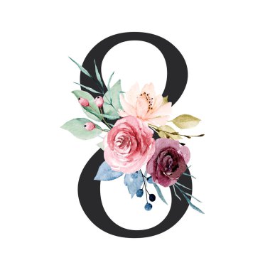 number 8 on white background, with flowers and leaves made with watercolor, floral monogram