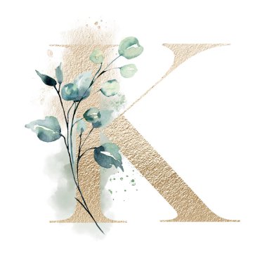 suluboya çiçekli ve yapraklı güzel bir K harfi.