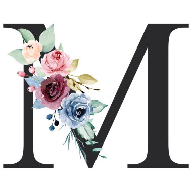 floral monogram, letter M watercolor painting with flowers and leaves