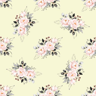 Çiçeksel elementlerle kusursuz suluboya çizimi, arka planı tekrarla