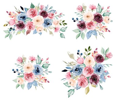 Floral collection with watercolor flowers, set of colorful bouquets