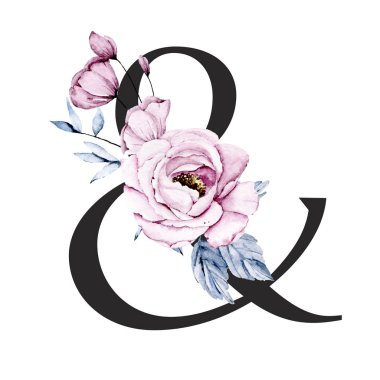 ampersand symbol on white background, watercolor painting with flowers