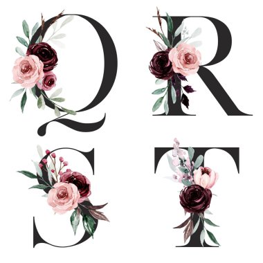 Çiçek alfabesi, Q, R, S, T harfleri, yaratıcı suluboya resim.