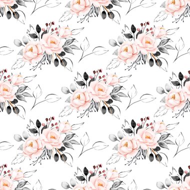 Çiçeksel elementlerle kusursuz suluboya çizimi, arka planı tekrarla