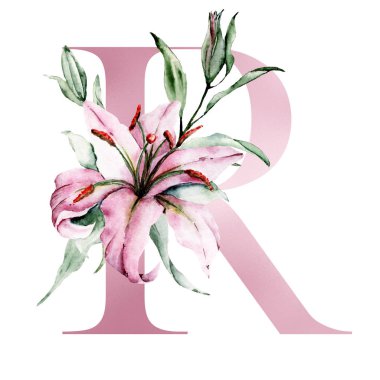 Çiçek alfabesi, güzel harf. Çiçek ve yapraklarla süslenmiş R harfi, suluboya resim.