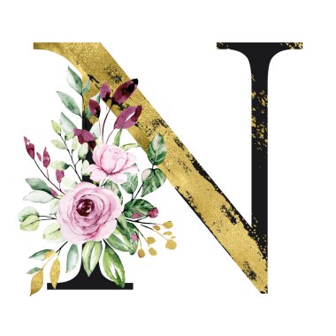 El çizimi suluboya resim, büyük harf N ve çiçek elementleri.