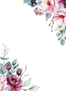 Suluboya çiçekler, tebrik kartı, davetiye ve diğer baskı tasarımları için çiçek çerçevesi. Beyazda izole edilmiş. El çizimi.