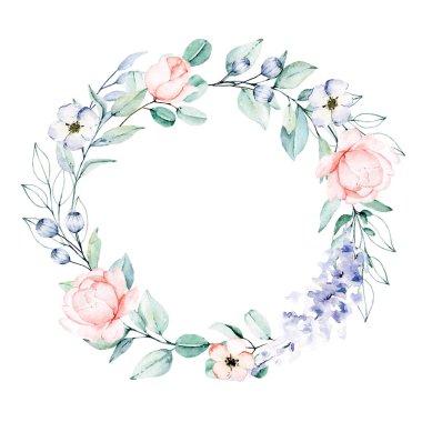 El çizimi, suluboya çiçekli çelenk, çiçek tasarımı.