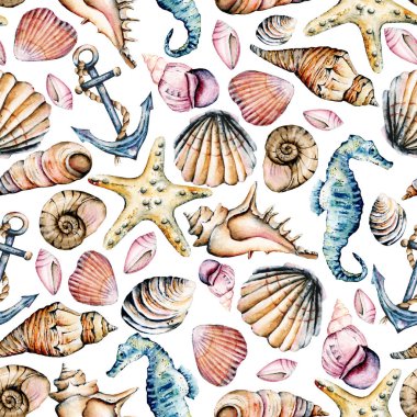 watercolor painting, seamless pattern with sea elements, marine background clipart
