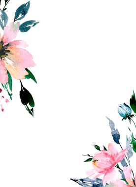 Suluboya çiçekler, tebrik kartı, davetiye ve diğer baskı tasarımları için çiçek çerçevesi. Beyazda izole edilmiş. El çizimi.