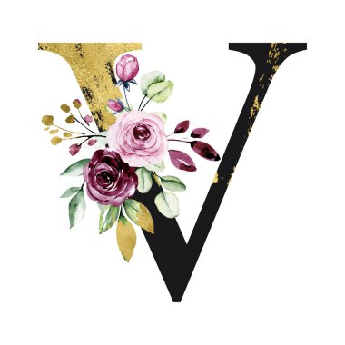 El çizimi suluboya resim, çiçekli büyük harf V