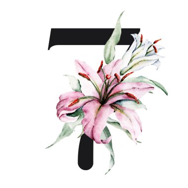 Çiçek ve yapraklı 7 numaralı yaratıcı resim, el çizimi suluboya