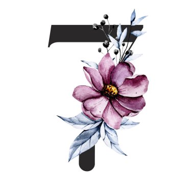 7 numara, elle çizilmiş suluboya resim tasarımı. 