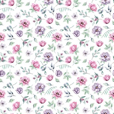 Kusursuz bir arka plan, suluboya çiçekli çiçek deseni. Kumaş duvar kağıdı desenini tekrarla