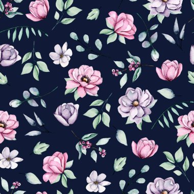 Kusursuz bir arka plan, suluboya çiçekli çiçek deseni. Kumaş duvar kağıdı desenini tekrarla