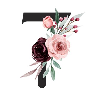 7 numara, elle çizilmiş suluboya resim tasarımı. 