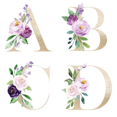 Çiçekler ve yapraklarla yazılmış güzel mektuplar, suluboya resimler.