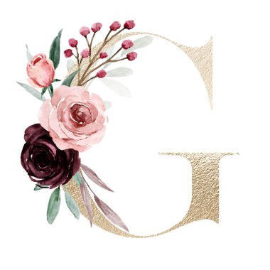 Şirin suluboya resim, çiçek ve yapraklı G harfi, beyaz arkaplanda çiçek alfabesi.