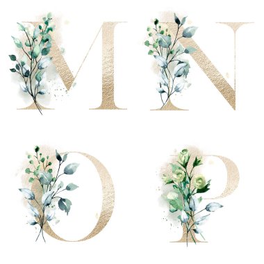 Çiçek alfabesi, M, N, O, P harfleri, yaratıcı suluboya resim.