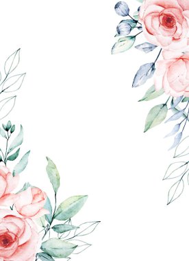 Çiçeksel çerçeve sınır tasarımı, suluboya boya çiçek ve yapraklar