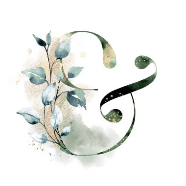 ampersand symbol on white background, watercolor painting with flowers