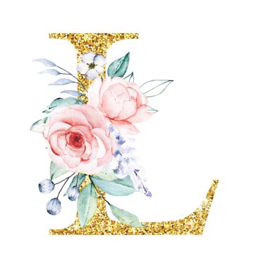 Altın alfabe, çiçekli ve yapraklı L harfi suluboya resim, çiçek desenli monogram.