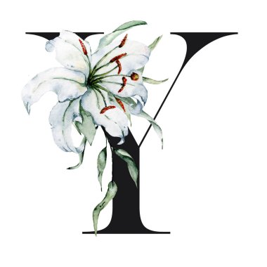 Çiçek alfabesi, güzel bir harf. Çiçek ve yapraklarla süslenmiş, suluboya resim.