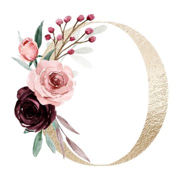 Şirin suluboya resim, çiçek ve yapraklı O harfi, beyaz arkaplanda çiçek alfabesi.