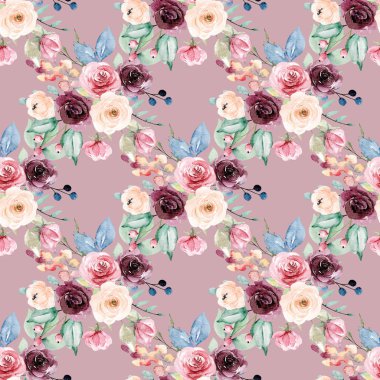Kusursuz bir arka plan, suluboya çiçekli çiçek deseni. Kumaş duvar kağıdı desenini tekrarla