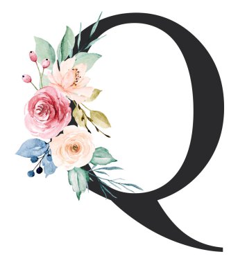 floral monogram, letter Q watercolor painting with flowers and leaves