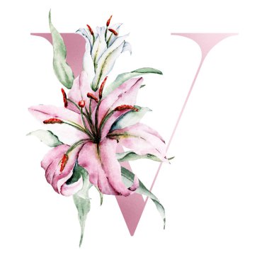 Çiçek alfabesi, çiçeklerle ve yapraklarla süslenmiş V harfi, suluboya resim.