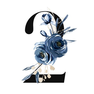 beautiful art painting design with flowers and number 2 isolated on white background