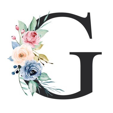floral monogram, letter G watercolor painting with flowers and leaves