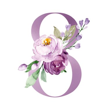 watercolor painting with purple number 8 on white background