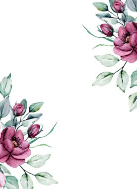 Suluboya çiçekler, tebrik kartı, davetiye ve diğer baskı tasarımları için çiçek çerçevesi. Beyazda izole edilmiş. El çizimi.