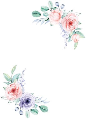 Çiçeksel çerçeve sınır tasarımı, suluboya boya çiçek ve yapraklar