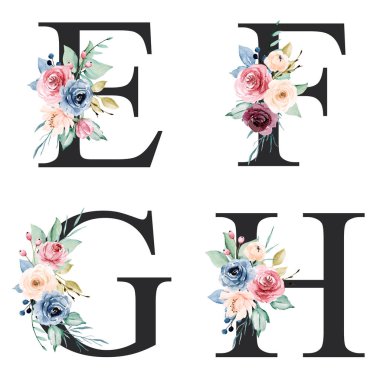 floral alphabet, letters E, F, G, H with watercolor flowers, creative art design, monogram initials