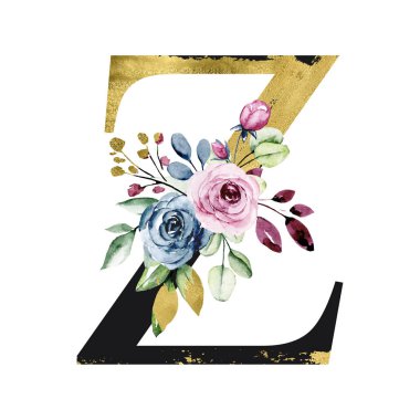 El çizimi suluboya resim, büyük harf Z ve çiçekli elementler.
