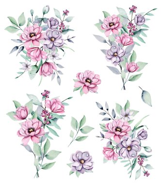 Floral collection with watercolor flowers, set of colorful bouquets