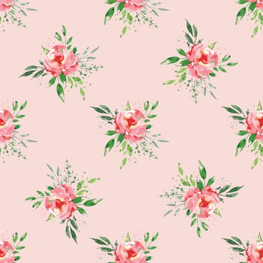 Çiçeksel elementlerle kusursuz suluboya çizimi, arka planı tekrarla