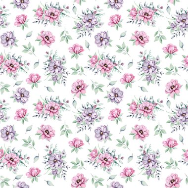 Kusursuz bir arka plan, suluboya çiçekli çiçek deseni. Kumaş duvar kağıdı desenini tekrarla