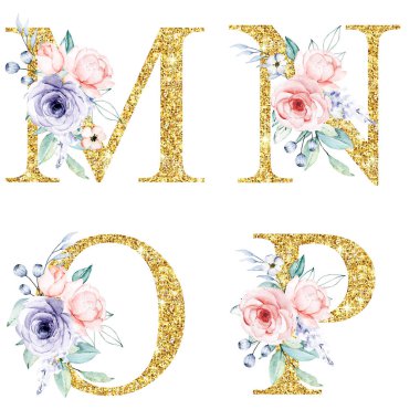 floral alphabet, letters M, N, O, P with watercolor flowers, creative art design, monogram initials