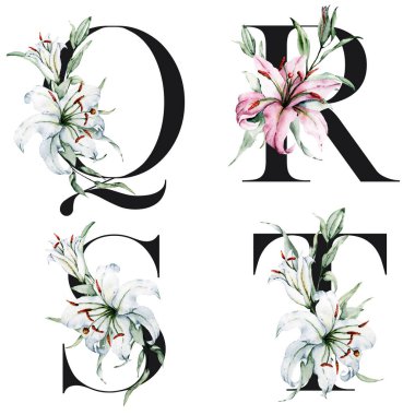 Çiçek alfabesi, Q, R, S, T harfleri, yaratıcı suluboya resim.